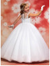 White Beaded Lace Tulle Floor Length Flower Girl Dress First Communion Dress